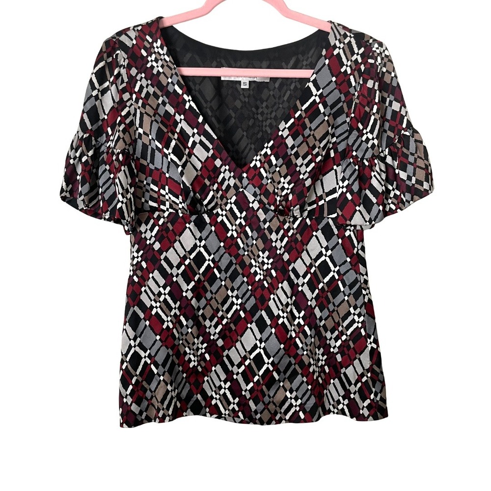 Trina Turk Top Womens Small Silk Babydoll Flutter Sleeve Geometric Retro Blouse